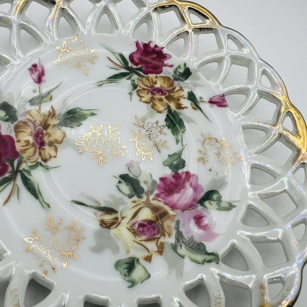 Vintage Reticulated Lace Edge Floral Porcelain Saucer Gold Trim Tea Party Plate